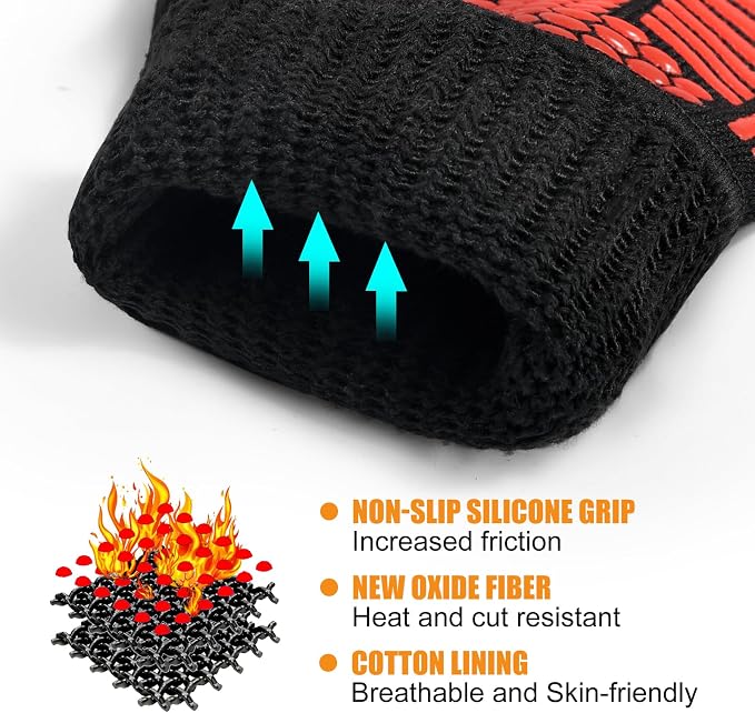 BBQ Gloves, 1472°F Heat Resistant with Silicone Grip Oven Mitts | Non-Slip Grip, for BBQ, Grilling, Oven, Smoker, Cooking and Baking