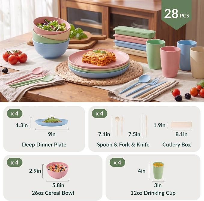 28 PCS Wheat Straw Dinnerware Sets Unbreakable Kitchen Plates and Bowls Set Camping Dish Set for 4 - Dinner Plates, Cereal Bowls, Travel Utensils Microwave & Dishwasher Safe (LightMulti)