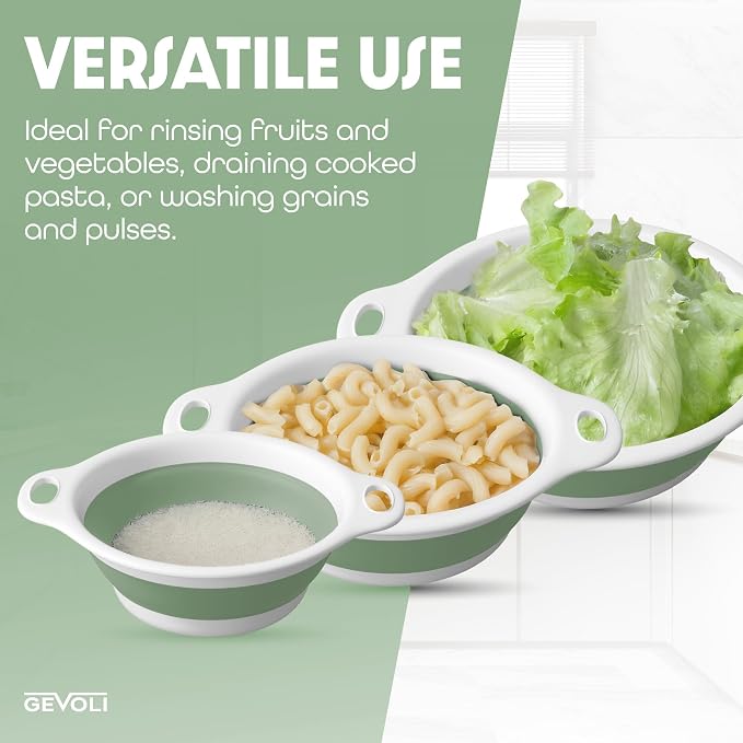 Gevoli Collapsible Colanders (3 Pack Set) Food Strainers with Over-Sink Water Draining Base for Pasta Fruits and Vegetables, White/Sage (3 Sizes, 3QT, 4QT and 5 Quart)