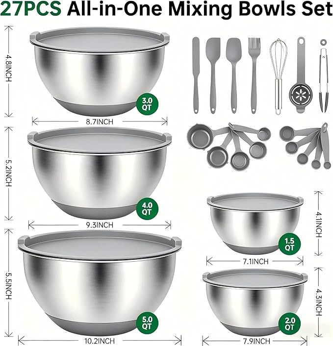 Deedro Mixing Bowls with Airtight Lids, 22Pcs Stainless Steel Mixing Bowls Set Nesting Bowls with Non-Slip Silicone Base, thicker Metal Bowls for Baking & Prepping, 1.5/2/3/4/5 QT, Gray