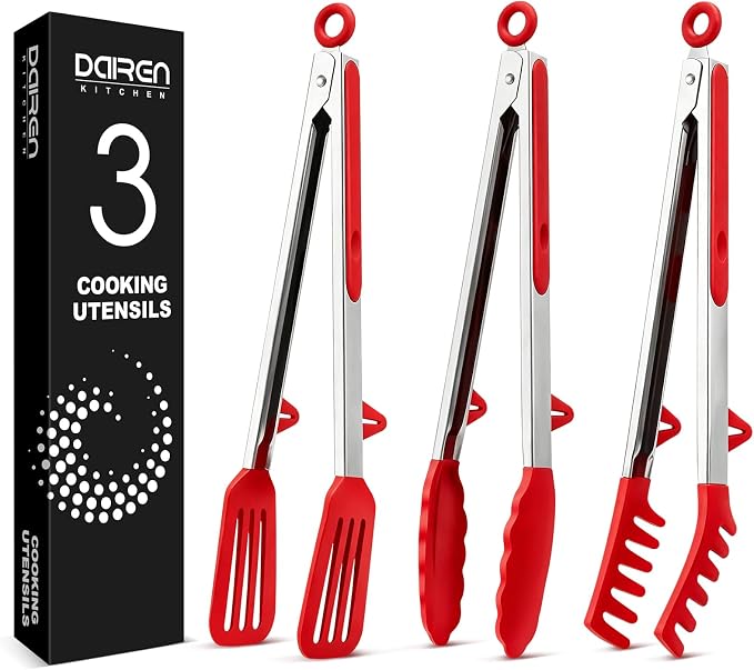 Kitchen Tongs for Cooking, Non Scratch Silicone Tip for Nonstick Cooking Pans, Food Grade Mini Serving Tongs, Pull Lock, Set of 3 (Red, 12 inch)