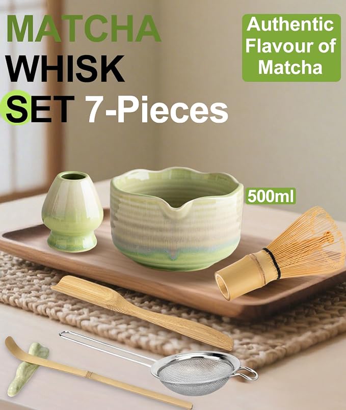 JBER Matcha Set, 7PCS Ceramic Matcha Whisk Set for Matcha Lovers Ceremony | Matcha Kit Gift Includes 17oz Bowl, Bamboo Whisk (Chasen), Holder, Powder Sifter for Matcha Starter, Gradient Green Yellow