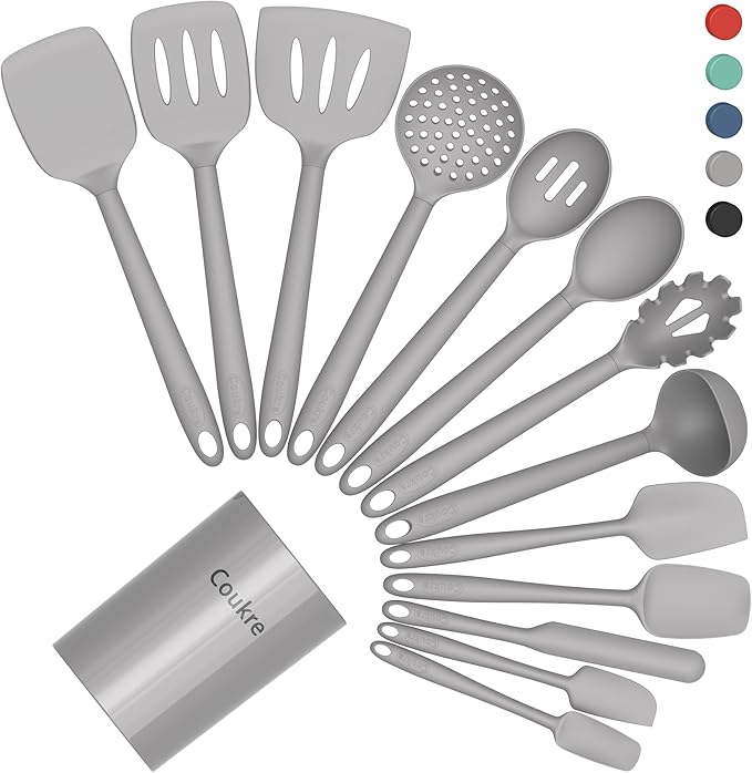 Coukre Silicone Kitchen Cooking Utensils Set, Heat Resistant, 14-Piece | Dishwasher-Safe, Food-Grade Silicone, BPA-Free, Spatulas, Spoons & Turner, Safe for Nonstick Cookware, PureGray