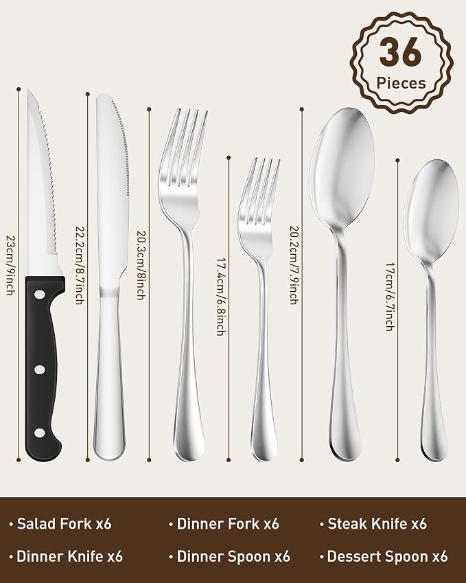 Quatish 36 Piece Silverware Set with Steak Knives, Cutlery Utensil Sets for 6, Food-Grade Stainless Steel Flatware Sets, Kitchen Utensils Set for Home Restaurant Hotel, Mirror Finished, Silver