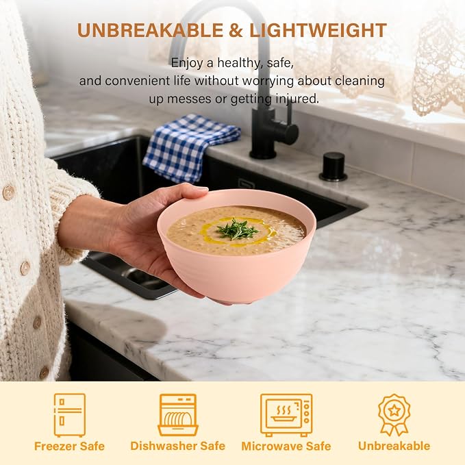 Wheat Straw Bowls, Unbreakable Cereal Bowls Microwave Safe, 8 PCS Lightweight Stackable Snack & Soup Bowls for Kitchen, Camping, Party, Dishwasher Safe Plastic Bowl Alternative (Light, 26oz)