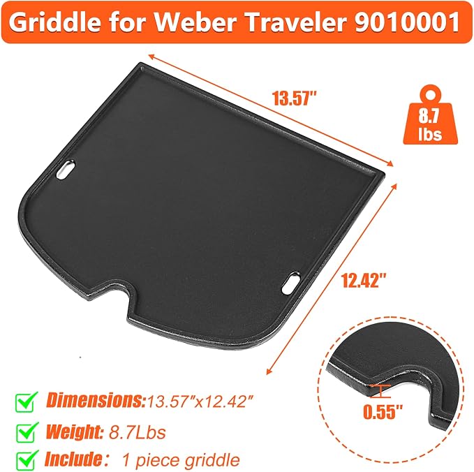 QuliMetal 7034 Cast Iron Griddle for Weber Traveler 9010001 Gas Grill | 13.57 x 12.42 inch cast iron cooking plate for Weber Traveler portable gas grills; replacement for Weber part 7034