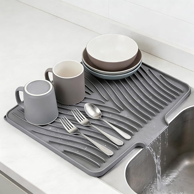 Silicone Dish Drying Mat for Kitchen Counter, 16" x 13" Grey-1pcs | Heat Resistant & Non-Slip Dish Drain Pad with Built-In Drain, Quick-Dry, Hangable & Roll-Up for Storage，Multi-Functional Use