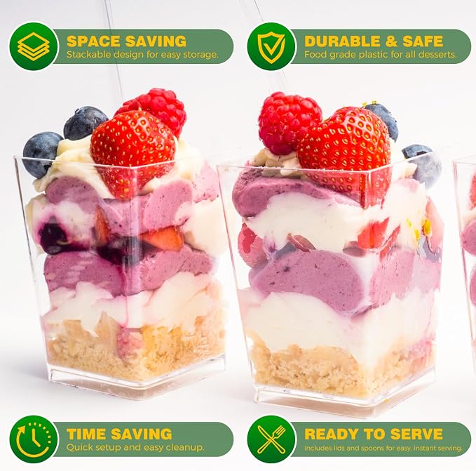 Ginkgo 100 Sets (300 Pieces) 5 oz Dessert Cups with Lids and Spoons | Sturdy & Food Safe, Clear Disposable Parfait Cups for Appetizer, Pudding, Jello, Mousse, Ice Cream, Party & Catering Supplies
