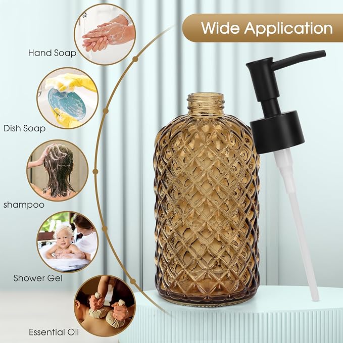 Topsky Gem Glass Soap Dispenser with Black Plastic Pump, 13oz Liquid Hand Soap Dispenser, Rustproof Pump for Kitchen & Bathroom, Great for Lotions, Essential Oil, Liquid Soaps-Amber