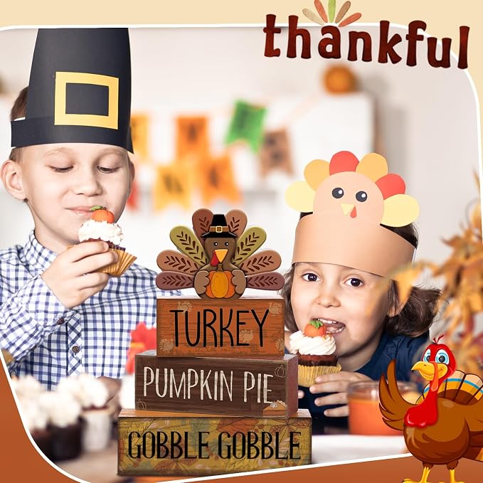 Lineshading 4 Pcs Thanksgiving Turkey Decor Wooden Fall Table Decorations | Rustic Block Signs with Turkey Pumpkin Pie Gobble Text, Autumn Harvest Table Centerpiece, Farmhouse Kitchen Shelf Decor