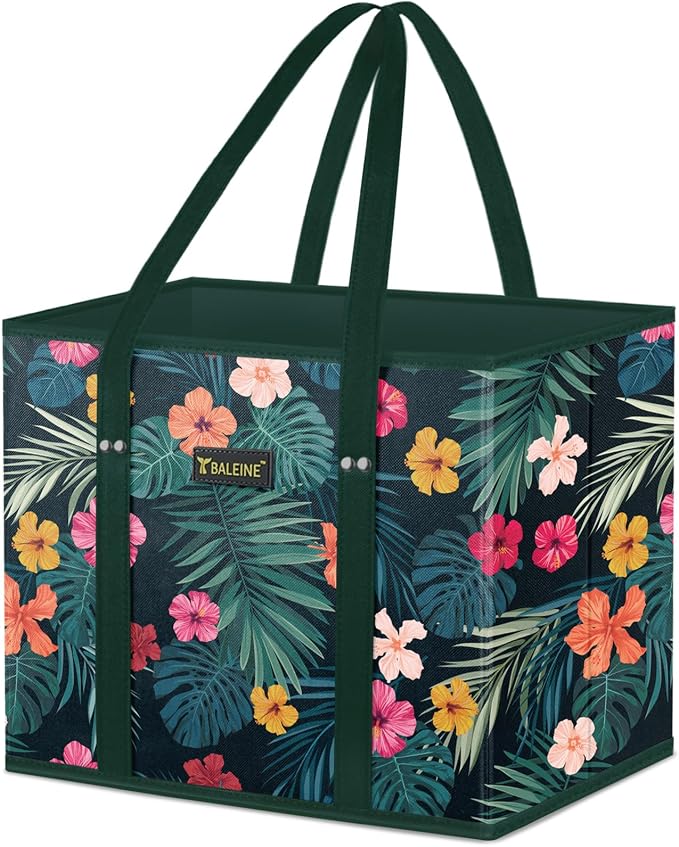 BALEINE 1PK Reusable Grocery Bags, Heavy Duty Shopping Tote Bag | 12'' Long Handles, Reinforced Bottom Keeps Upright, Fold Flat Storage, Water-Resistant Shopping Bag, Multiple Color Options