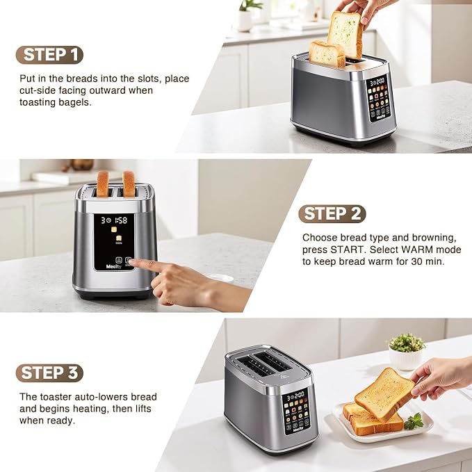 Mecity Motorized Toaster 2 Slice with Touch Screen, Stainless Steel Smart Toaster, 8 Bread Types, 5 Shade Levels, 1200W High Power, Keep Warm Mode, Reheat Defrost Functions, 120V