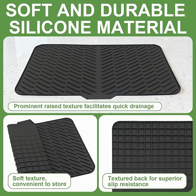 Silicone Dish Drying Mat for Kitchen Counter, Black-1pcs, 23" x 17" | Heat Resistant & Non-Slip Dish Drain Pad with Built-In Drain, Dishwasher Safe, Quick-Dry, Hangable & Roll-Up for Storage