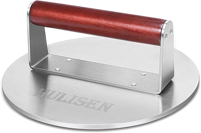 HULISEN 8.5-Inch Burger Press, 2.5 lb Stainless Steel Burger Smasher | Wood Handle, Wide Round Flat Edge Burger Smasher for Bacon & Steaks, Easy Cleanup, Griddle Accessories Fits Flat Top Griddles