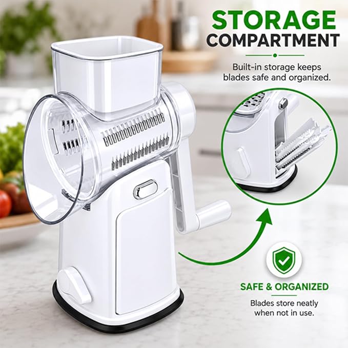 Rotary Cheese Grater with Hand Crank - Cheese Shredder with 5 Interchangeable Stainless Steel Blades, Suction Base & Ergonomic Handle | Vegetable Slicer, Food Grater for Cheese, Nuts & Chocolate