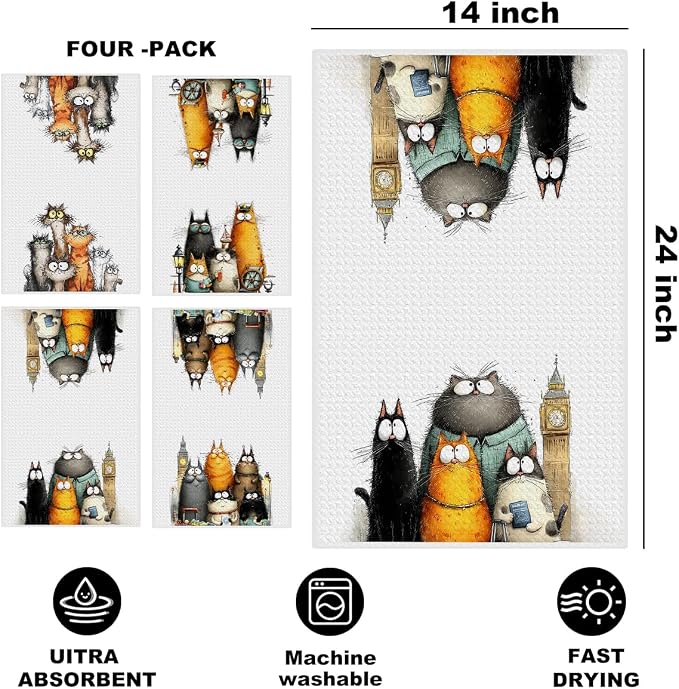4 Pcs Cute Cat Kitchen Towels, Funny Cats Gifts Absorbent Hand Towels-04 | Cat Dish Cloths for Drying Dishes, Cats Waffle Dish Towels for Kitchen Home Bathroom Decor, Cat Lover Gifts for Women Mom