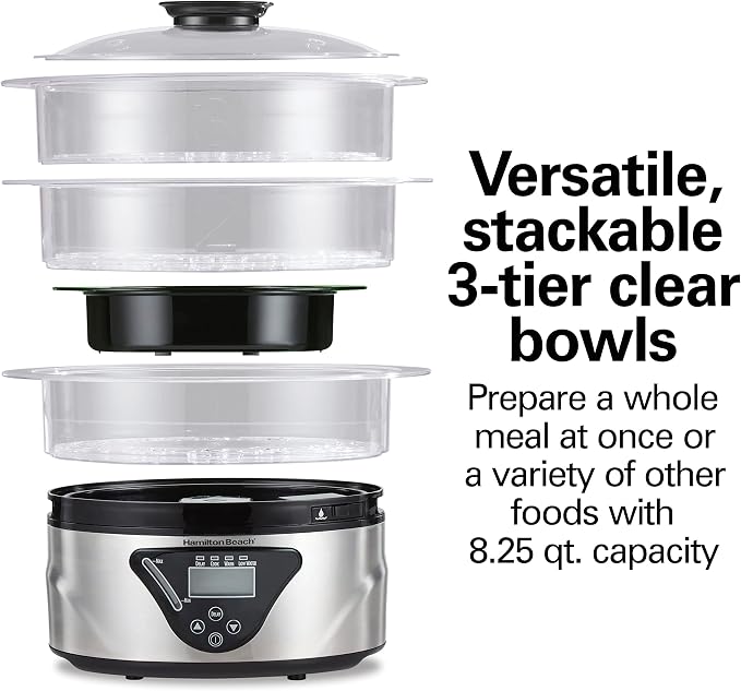 Hamilton Beach Digital Electric Food Steamer, Rice Cooker & Egg Boiler | For Quick Healthy Cooking | 8.25 Qt. Stackable Three-Tier Bowls For Vegetables and Seafood | Auto Shutoff | Black & Stainless