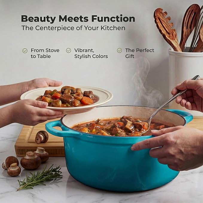 Zulay Kitchen 7.7 Quart Enameled Cast Iron Dutch Oven Pot with Lid – Premium Durability & Oven Safe up to 500°F – Heavy Duty Cookware Perfect for Bread Baking, Stews, Braising & Roasting – Light Blue