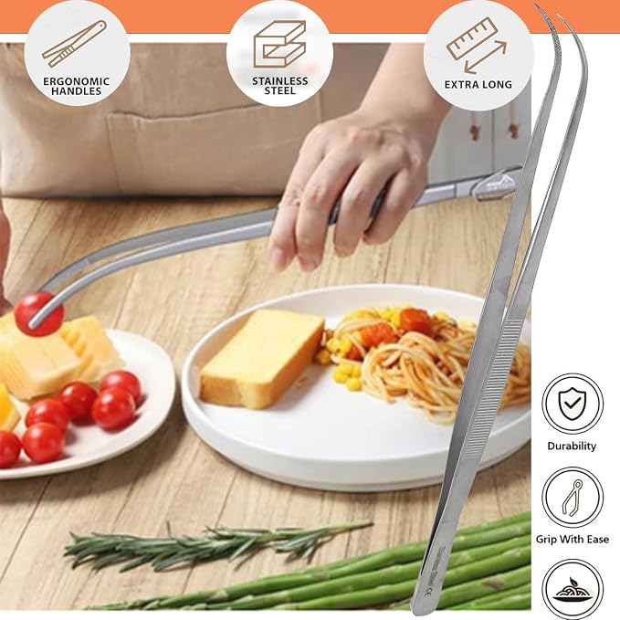 Professional Culinary Stainless Steel Precision Tongs With Serrated Tips - 12 Inch Curved Plating/Food Presentation Detailing Serving Tweezer - Chef's Kitchen Ultra Non-Slip Grip