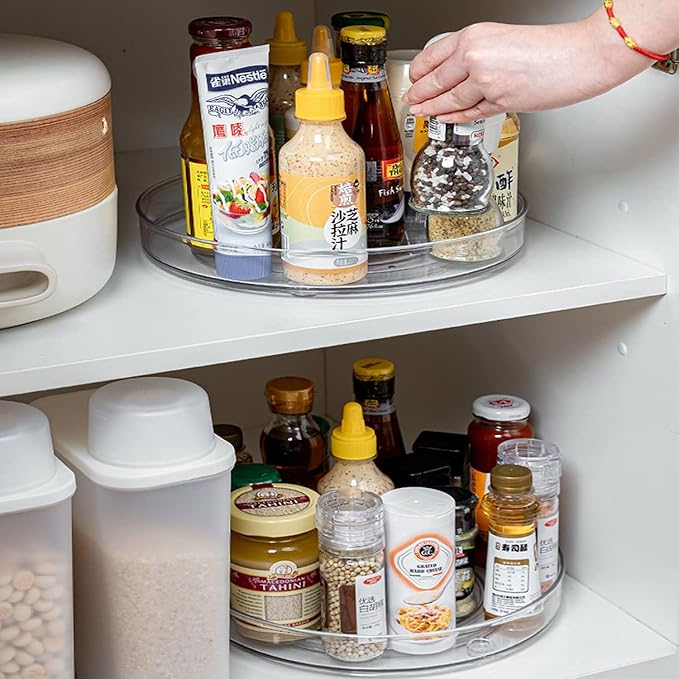 URALFA 2 Pack Lazy Susan Turntable, 10.5 Inch Spinning Cabinet Organizer | Clear Acrylic Rotating Round Lazy Susan, Plastic Spice Rack Storage for Fridge Refrigerator, Pantry, Countertop