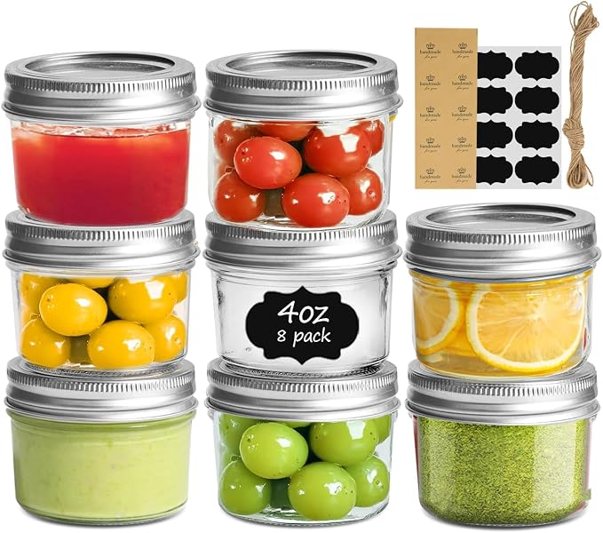 ComSaf Mini Mason Jars 4 oz, 8 Pack Regular Mouth Glass Jars with Lids | BPA-Free Materials, Spice Rack, Small Jam, Honey Samples, Wedding Favors, DIY Candles, Labels and Twine