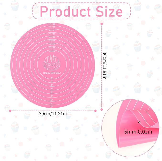 Silicone Baking Mat Cake Mat Round Silicone Baking Mat with Measurements for Cake Turntable Stand Pastry Baking Sheet, Non-Stick and Heat Resistant (Pink)