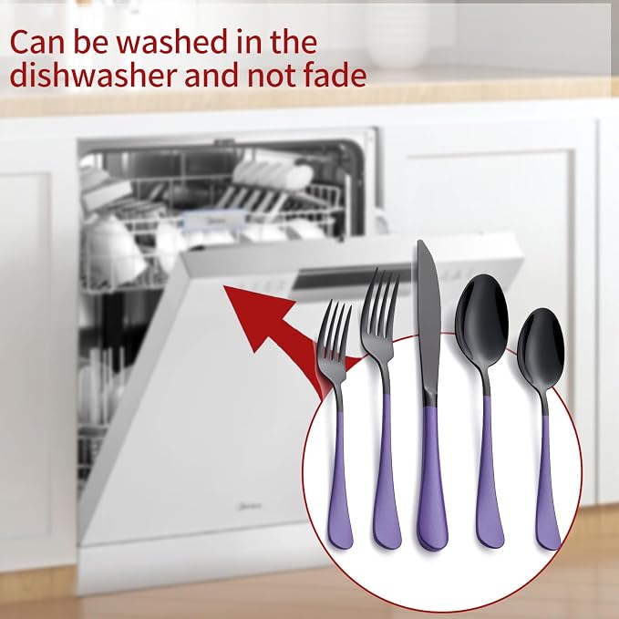 20-Piece Black Silverware Set 18/0 Stainless Steel Flatware Purple Handle Cutlery Set Service for 4 Dinner Knives Forks Spoons Set Mirror Finish Dishwasher Safe