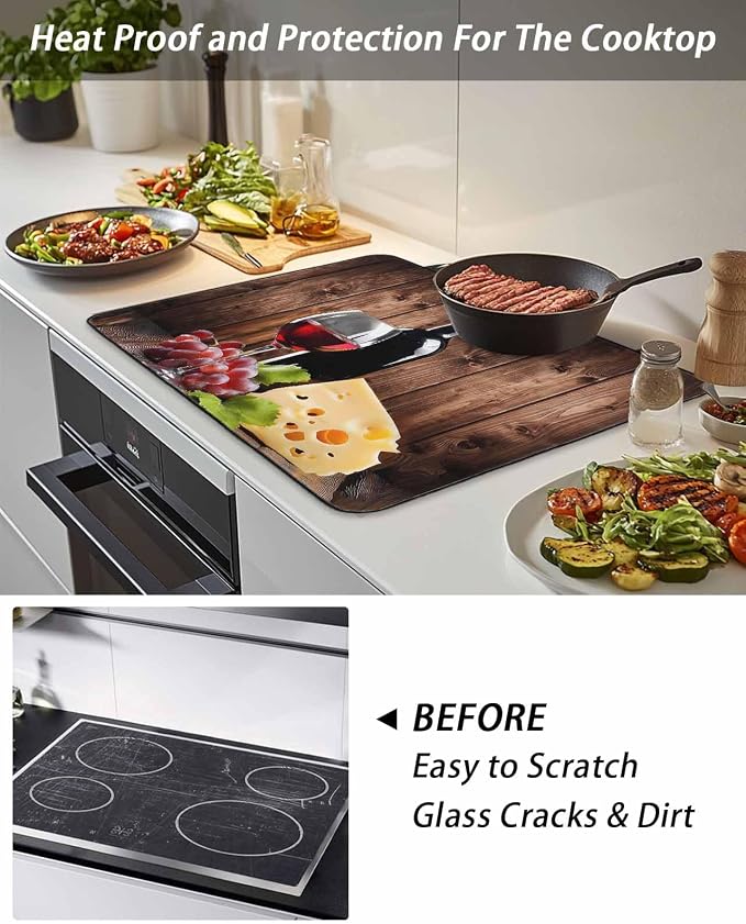 Stove Top Covers for Electric Stove 28.5x20.5 Inches,Red Wine Grapes HeatResistant Glass Cooktop Protector,Vintage Brown Wood Farmhouse Ceramic Stovetop Countertop Covers Mat, Oven Cover Kitchen Decor