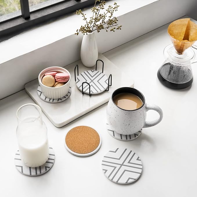 LIFVER 6 Piece Absorbent Stone Coaster Set with Holder, Ceramic Drink Coasters, 4 Inch Farmhouse Coasters with Cork Base, Ideal Gift for Housewarming