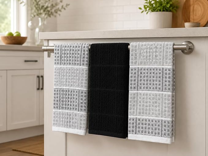 Black Gray Kitchen Dish Towels- Set of 3 100% Cotton Cloth Soft Cleaning Drying Absorbent Textured Honeycomb Weave- Oversized 28" x 18" Multipurpose Towels for Everyday Use