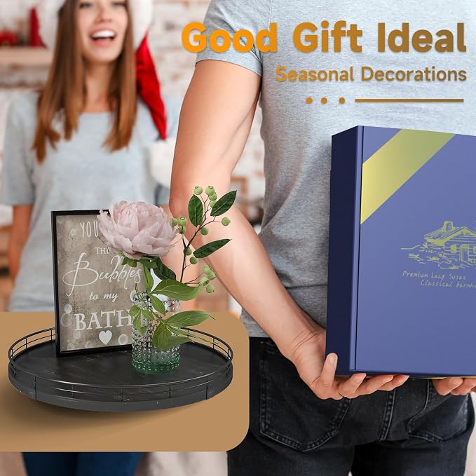 AMH 13-Inch Oak Lazy Susan Vanity Tray with Black Brushed Gold Finish Rail | Smooth rotating oak tray with walnut finish for dining tables, kitchen counters, pantries and cabinet storage.