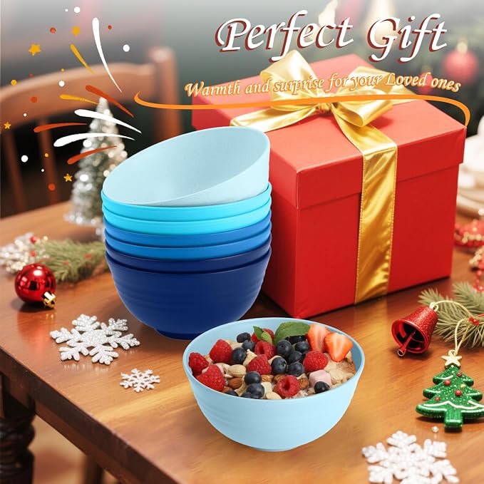 Wheat Straw Bowls, 8 PCS Microwave Safe Bowl Unbreakable for Salad, Soup, Cereal, Oatmeal, Reusable Plastic Bowls for Kithen, Family, Camping, Party, Dishwasher Safe, 26 OZ (Gradient Blue)