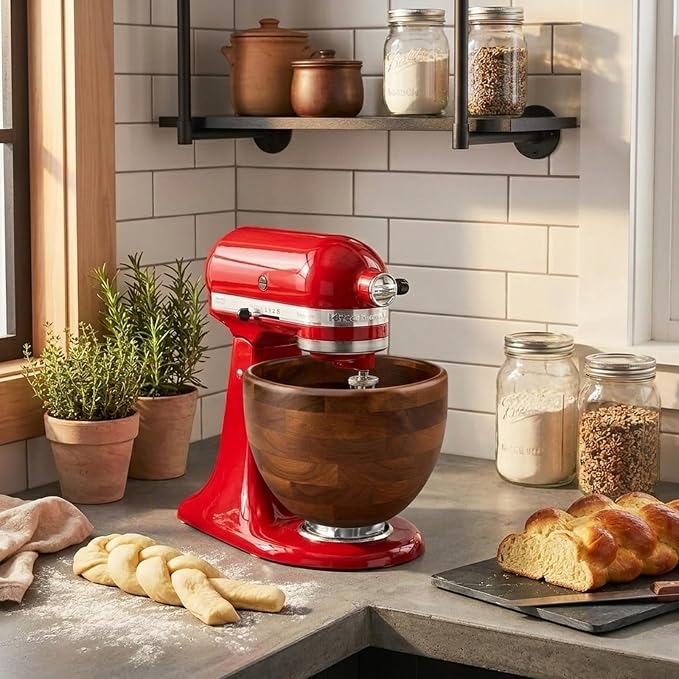 Wood Mixing Bowl Suitable for 4.5-5 QT Tilt-Head Stand Mixers - Natural Wooden Kitchen Accessory - Fits K45 KSM150 Series Natural Wood Mixing Bowl with Steel Locking Base