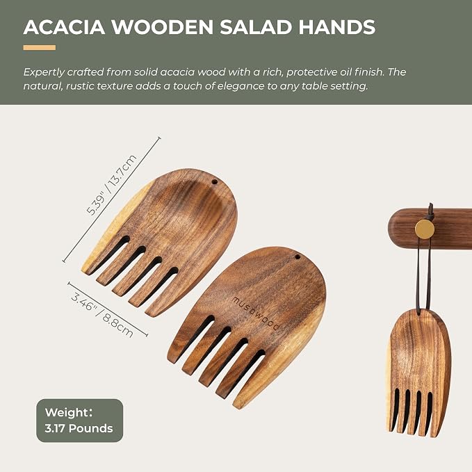 muso eood Acacia Salad Hands, Wooden Salad Tongs, 1 Pair | for Serving Salad Mixes, Set for Serving Salad Fruit on Your Kitchen Counter