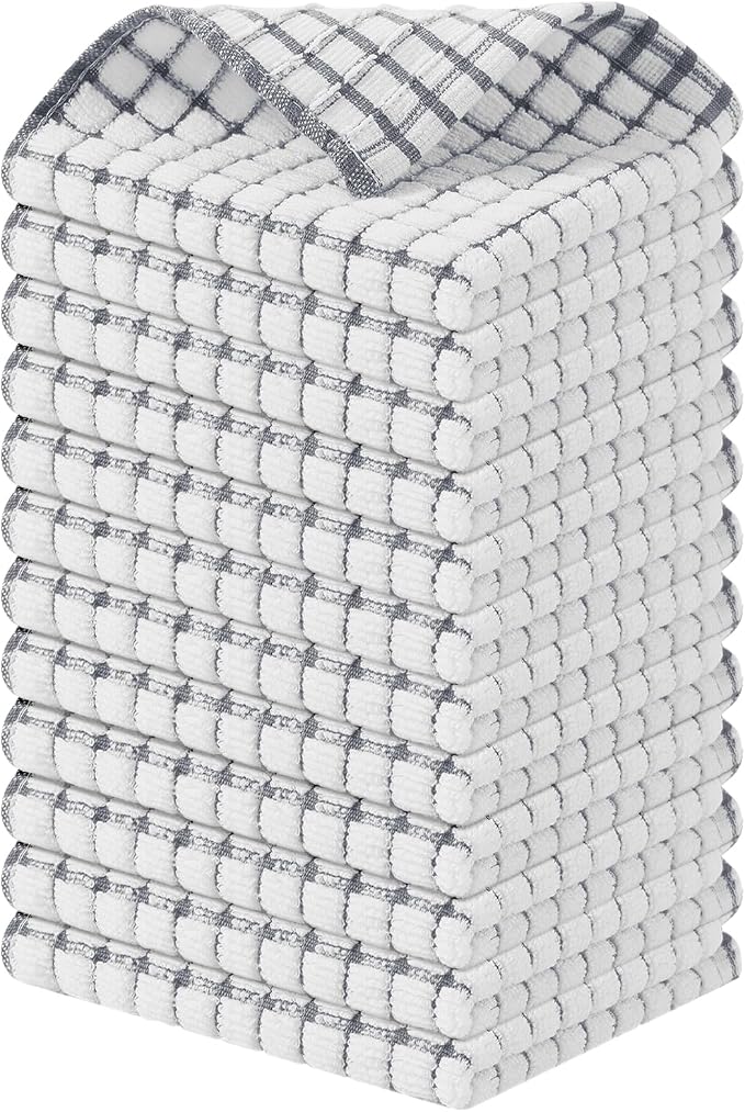 Kitinjoy Cotton 12 Pack Terry Kitchen Dish Cloths, Grey | 12 x 12 Inches Super Soft and Absorbent Dish Rags, Quick Drying Dish towels for Washing Dishes