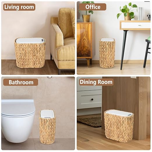 Trongee Boho Kitchen Trash Can with Lid,3.5 Gallon Automatic Small Rattan Trash Can,Slim Wicker Motion Sensor Garbage Can and Hamper 2 in 1 for Bathroom,Narrow Waste Basket for Office, Living Room