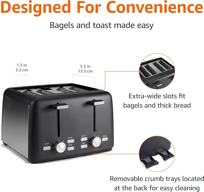 Amazon Basics 4 Slice Toaster, 7 Browning Settings, Extra Wide Slots for Bagels and Specialty Breads, Removable Crumb Tray, Cancel/Defrost/Bagel Buttons, 1500W, Black & Silver