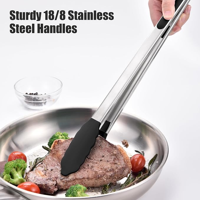 Doosu Kitchen Tongs with Silicone Tips for Cooking Serving (16in, Black) | 600°F Heat Resistant Food Tong, Heavy Duty Stainless Steel Locking Tong for BBQ, Grilling Steak, Salad, Toast, Pasta