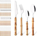 40PCS Silverware Set for 10, Bamboo Handle Flatware Set, Stainless Steel Cutlery Set for Home Restaurant and Party, Bamboo Forks Spoons and Knives Set, Polished Tableware