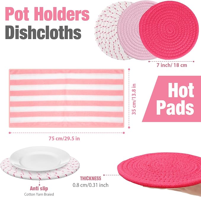 Zubebe Pink Oven Mitts and Pot Holders with Kitchen Towels Set of 7, Valentine's Day Gift for Women Heat Resistant Oven Gloves Kitchen Hand Towels Hot Pads for Cooking Baking(Heart)