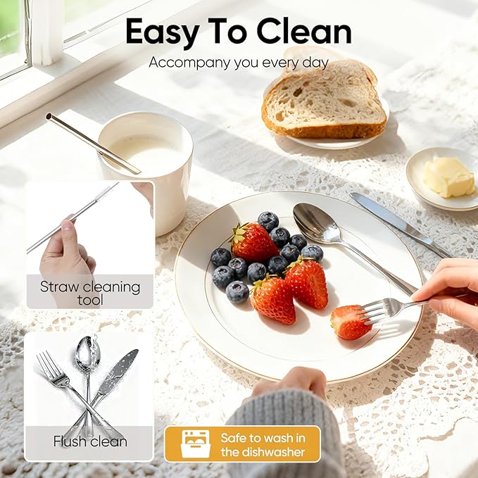 Travel Camping Utensils with Case, 6 Pcs Reusable Stainless Steel Silverware Cutlery Set, Spoon, Fork, Knife + Straw/Brush Kit for Camping, Travel, Office, Lunch Box, Eco On-the-Go (silver)