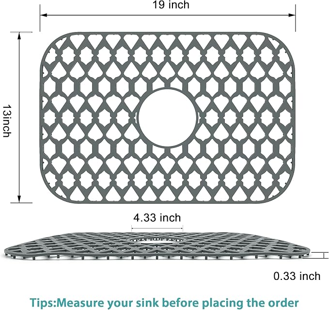 Silicone Kitchen Sink Protectors Mats - 12" 13" 14" 16" 18" 19" 21" 22" 24" 25" 26" 28" 30", Heat Resistant, Machine-wash (19”x13”, Center Drain)
