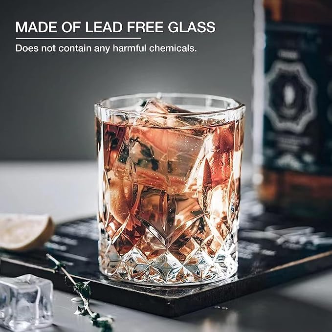 Qipecedm® Old Fashioned Whiskey Glasses, Set of 4 (2 Crystal Bourbon Glasses, 2 Round Big Ice Ball Molds) In Gift Box - 11 Oz Rocks Glass, Barware for Scotch Cocktail Rum Vodka Liquor, Gifts for Men