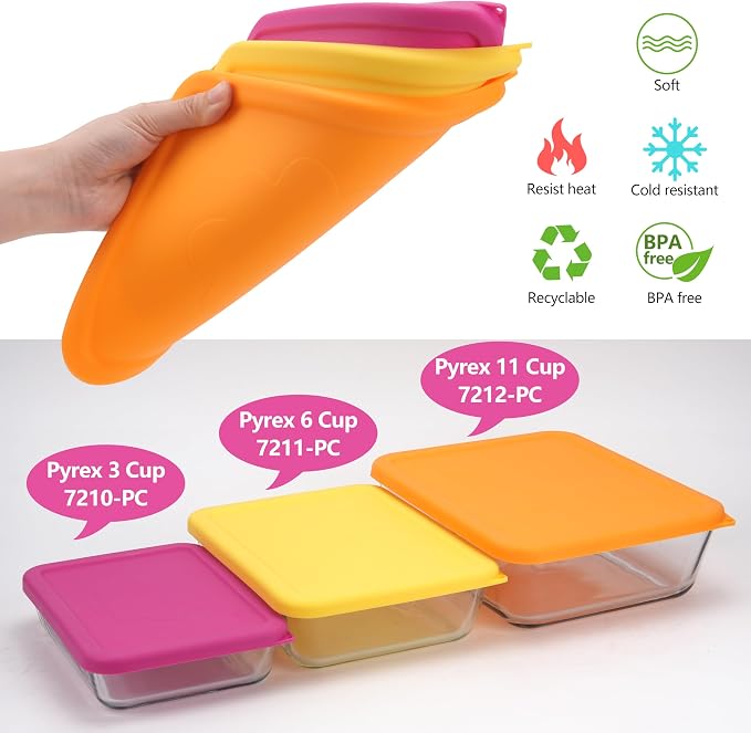 LUVCOSY 3 Cup Rectangle Silicone Storage Cover Lids Replacement for Pyrex 7210-PC Glass Bowls, (Container not Included) 2 Pack, Microwave, Dishwasher and Freezer Safe (Rose Red)