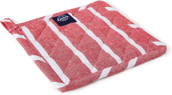 Encasa XO Pot Holders, Quilted Kitchen Hot Pads 8"x8" Roma Red Stripes | 100% Eco-Friendly Cotton | Thick Cotton Padding Insulation | Convenient Hanging Loop | Set of 2