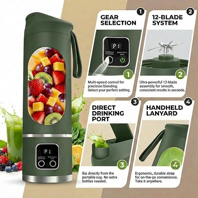 Lilogi Portable Blender, 500ML Blenders for Smoothies with LED Display | 12-Blade USB-C Rechargeable Blender, Travel Blender Cup for any kitchen, office, outdoor, travel, gym or sports