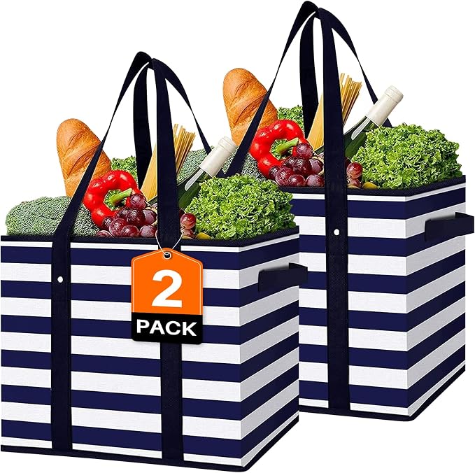Reusable Grocery Bags 2 Pack, Foldable & Water Resistant Shopping Bags | Large Grocery Tote Bag Water Resistant Shopping Bags Foldable Grocery Bag for Clothes,Shoes and Picnic