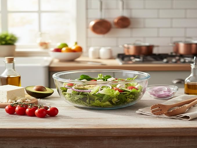 12.3in Wide 6Qt Extra Large Glass Bowl,Glass Salad Bowl Mixing Bowl for Sourdough Bread Dough Making Marinating Meat,Serving Fruit Bowl on Kitchen Countertop for Party,Pasta Dish, Clear