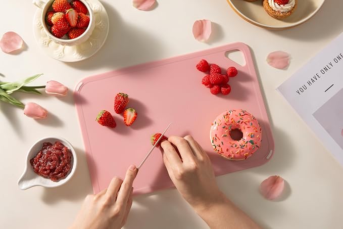 Plastic Cutting Board Set of 3, Pink Cutting Board for Kitchen | Non-Slip with Grip Handle, Chopping Board for Cooking, Bpa Free, Dishwasher Safe, Reversible, Cute Pink kitchen Accessories