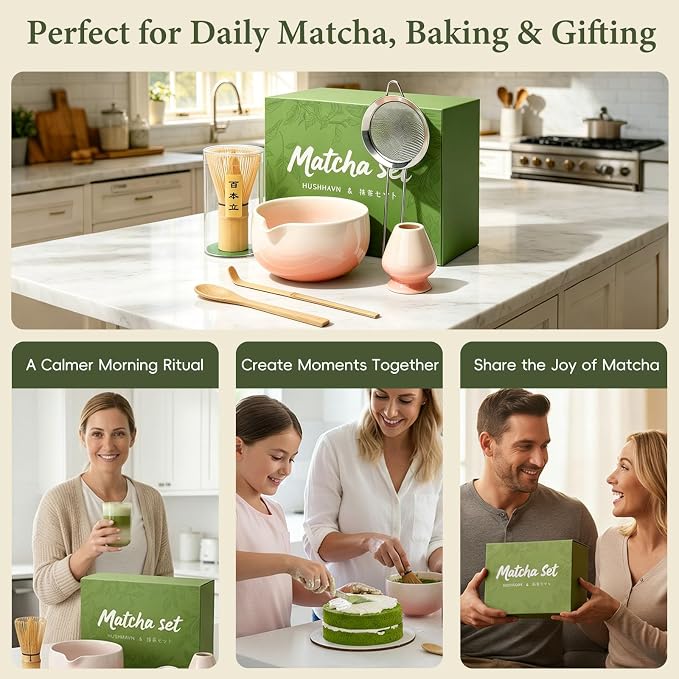 Matcha Whisk Set, Ceramic Matcha Set Includes Bowl & Holder, Bamboo Whisk (Chasen), Scoop, Spoon and Sifter, 6PCS Matcha Kit Covers Everything Needed for Making Matcha (Pink)